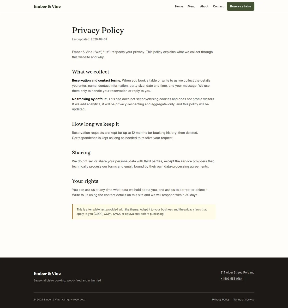 Restoran-01 — Legal pages page, full-page screenshot