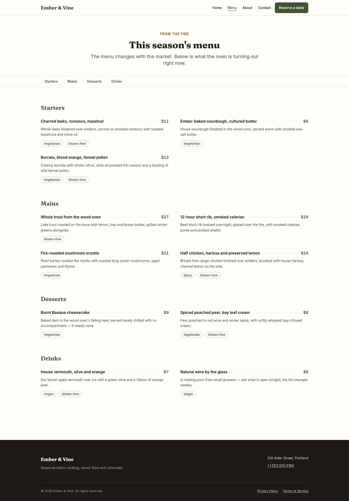 Restoran-01 — Menu page, full-page screenshot